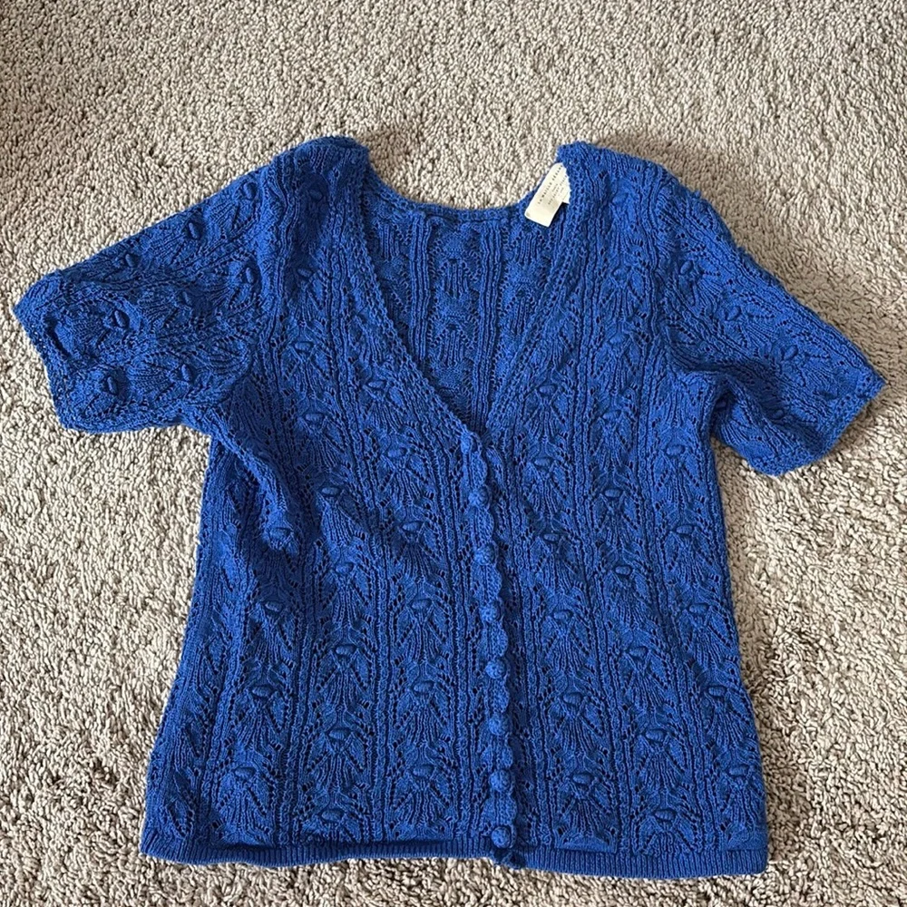 Sezane Cobalt Blue Knit Button-Front Short Sleeve Top - Picture 2 of 5